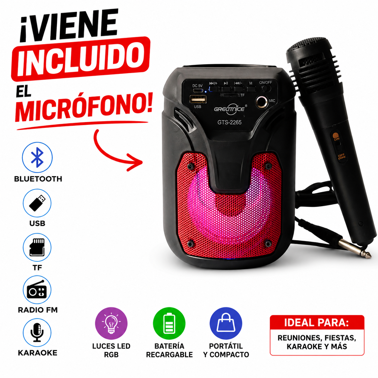 GTS-2265 Parlante Bluetooth RGB con Micrófono