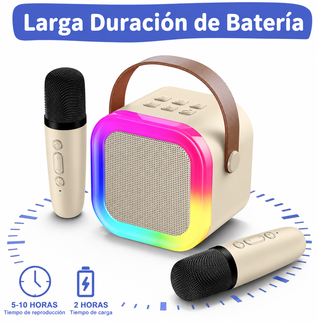 Karaoke Bluetooth Portátil RGB con 2 Micrófonos Inalámbricos