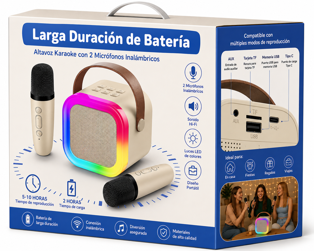 Karaoke Bluetooth Portátil RGB con 2 Micrófonos Inalámbricos