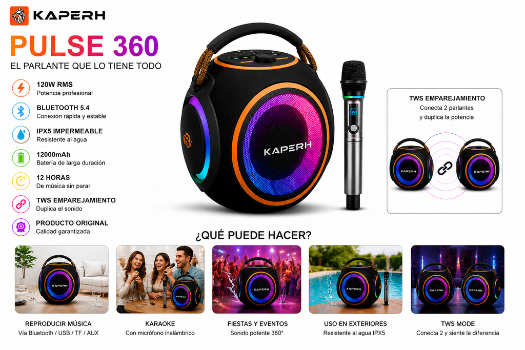 KAPERH Pulse360 Parlante Bluetooth 120W RGB con Micrófono Inalámbrico
