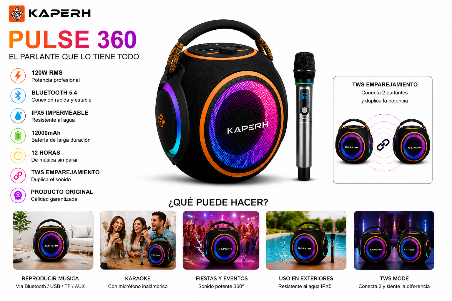 KAPERH Pulse360 Parlante Bluetooth 120W RGB con Micrófono Inalámbrico