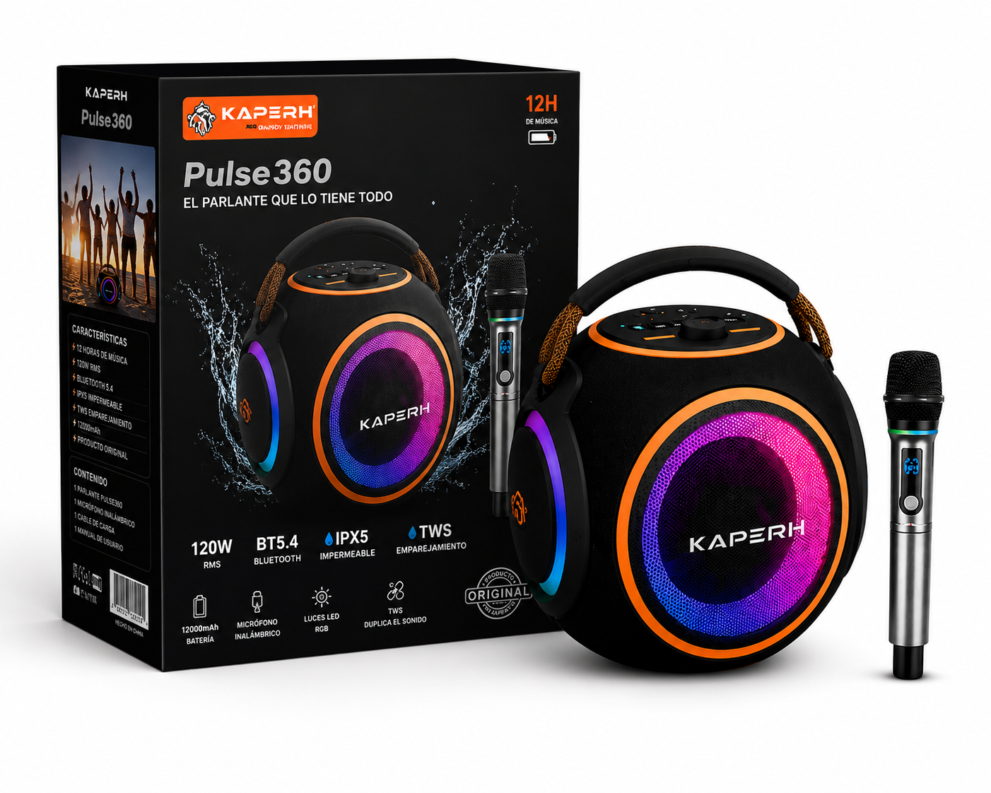 KAPERH Pulse360 Parlante Bluetooth 120W RGB con Micrófono Inalámbrico