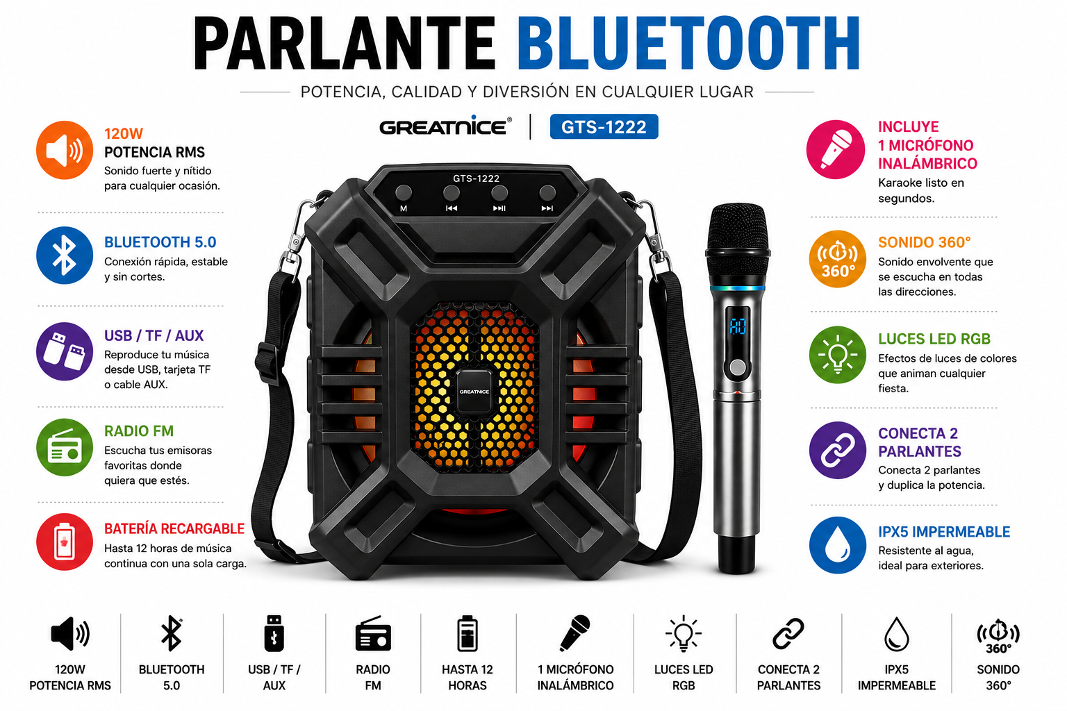 GTS-1222 Parlante Bluetooth Portátil 6.5” con Luces RGB y Radio FM