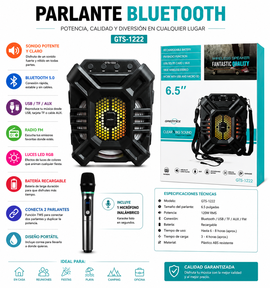GTS-1222 Parlante Bluetooth Portátil 6.5” con Luces RGB y Radio FM