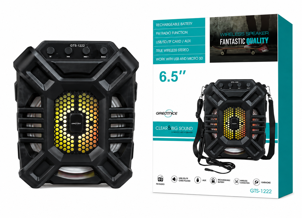GTS-1222 Parlante Bluetooth Portátil 6.5” con Luces RGB y Radio FM