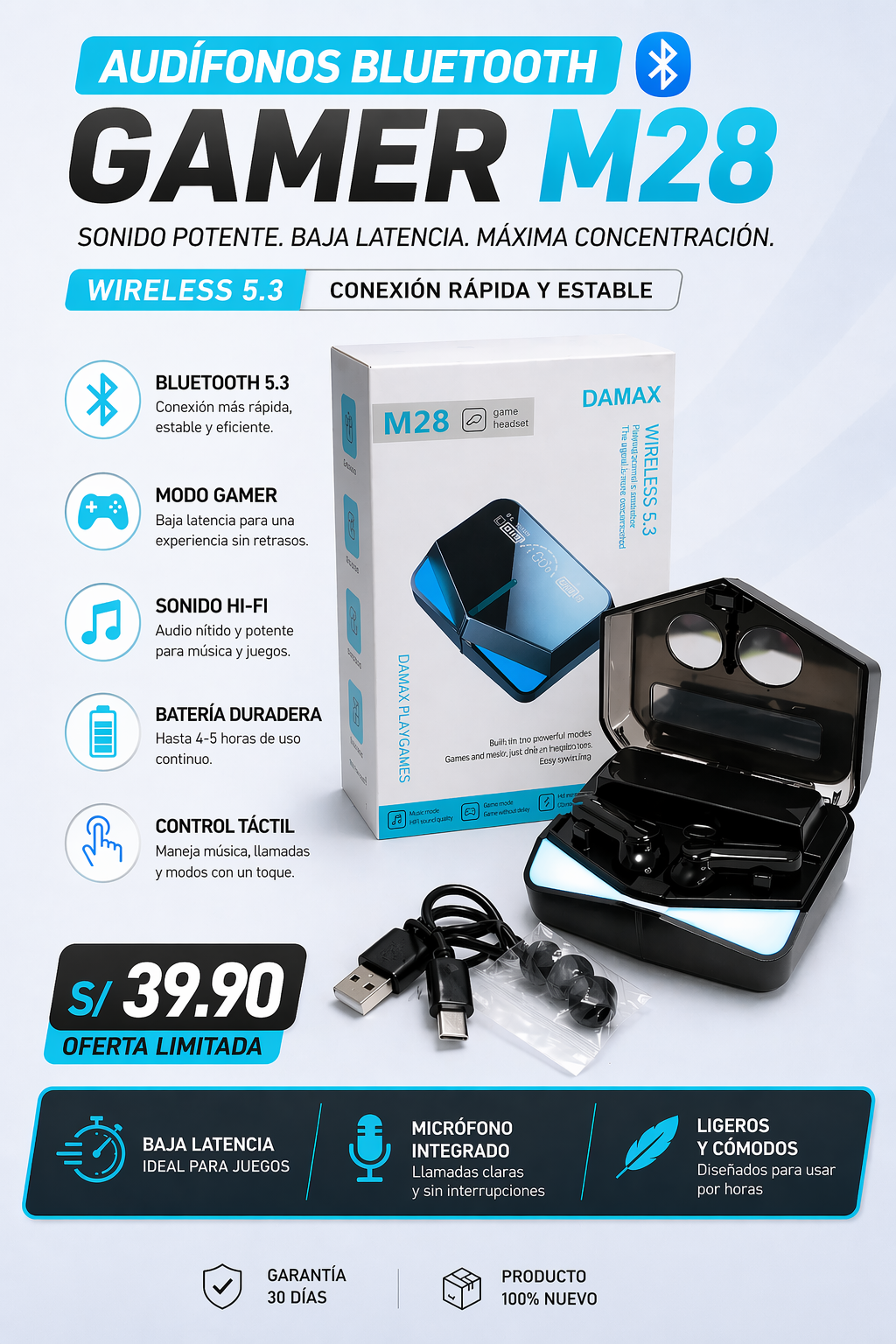 Audífonos M28 Wireless Gamer Earbuds 5.3 – Sonido HD & Modo Juego
