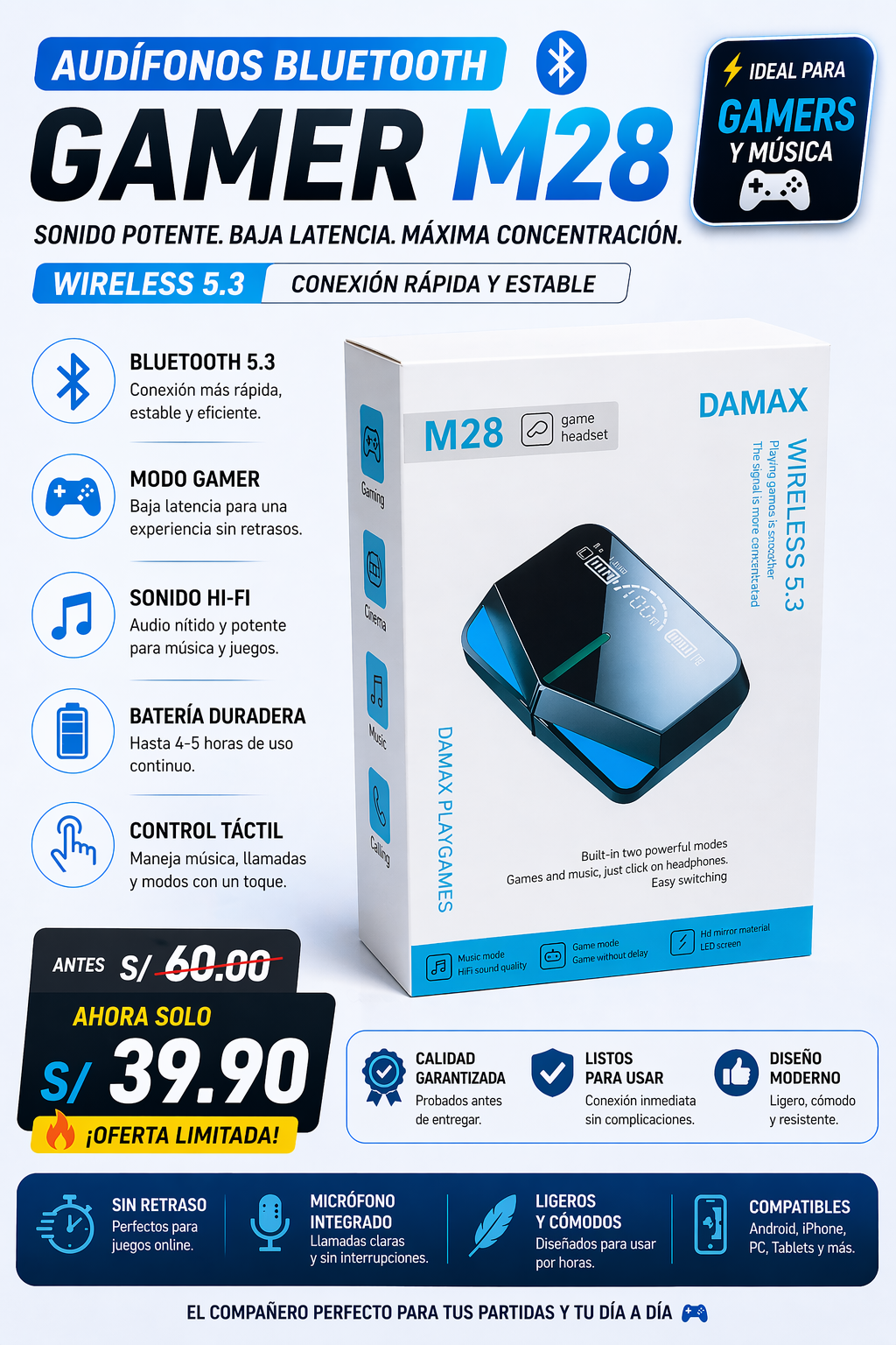 Audífonos M28 Wireless Gamer Earbuds 5.3 – Sonido HD & Modo Juego