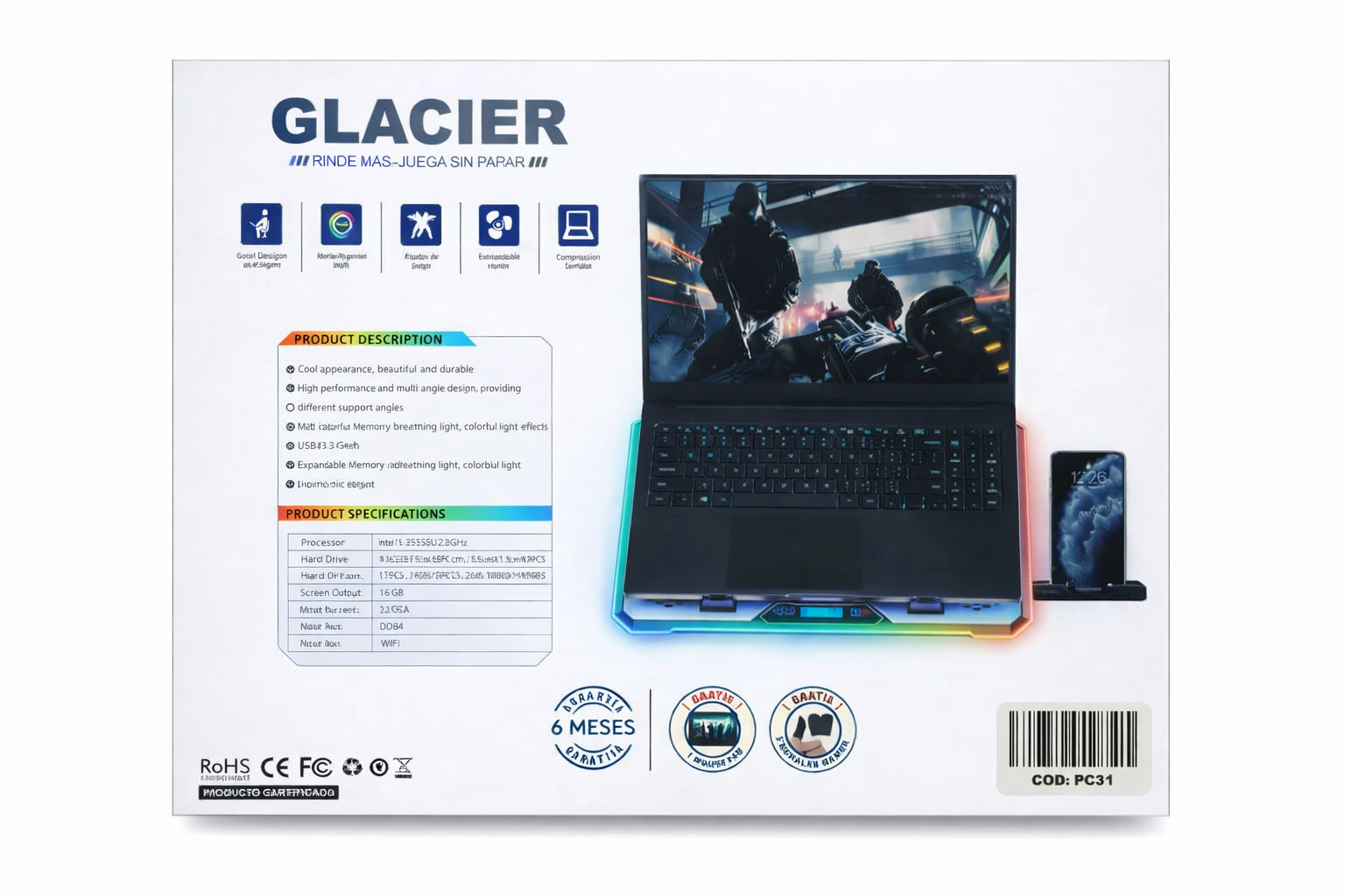 Cooler Gamer para Laptop 6 Ventiladores RGB
